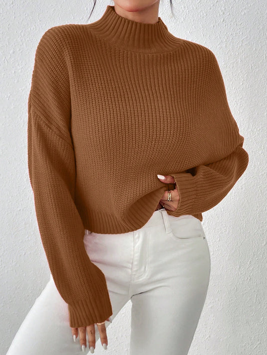 Cozy Comfort: Mock Neck Drop Shoulder Sweater for Effortless Style