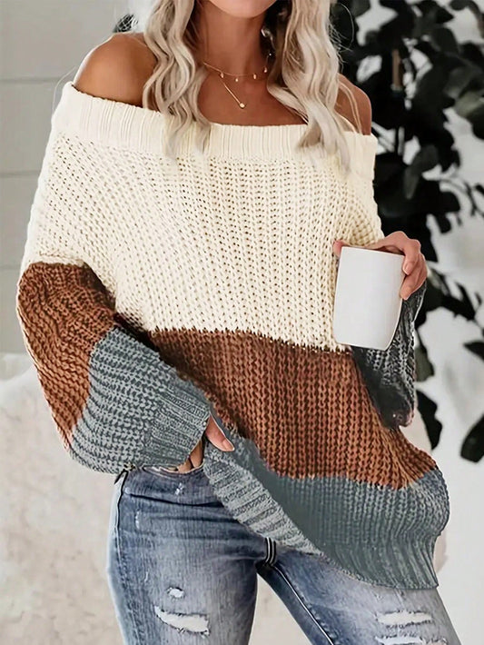 Cozy & Chic: Color-Block Off-Shoulder Sweater for Effortless Style