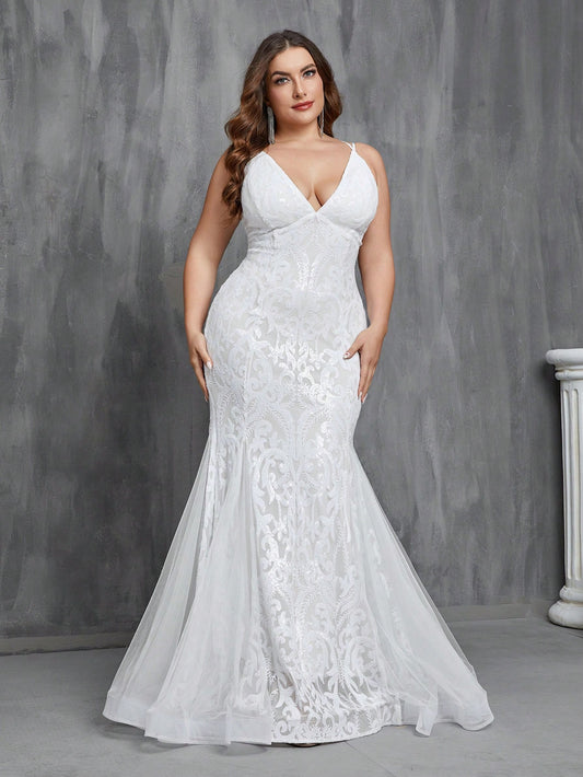 Sparkling Elegance: Plus Size Women's Mermaid Sequin Mesh Splicing Wedding Dress with Lace Up Back