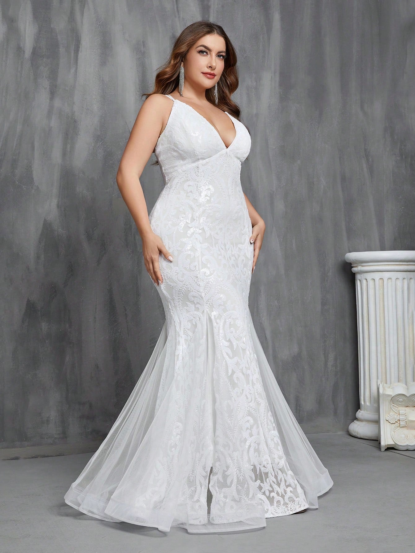 Sparkling Elegance: Plus Size Women's Mermaid Sequin Mesh Splicing Wedding Dress with Lace Up Back