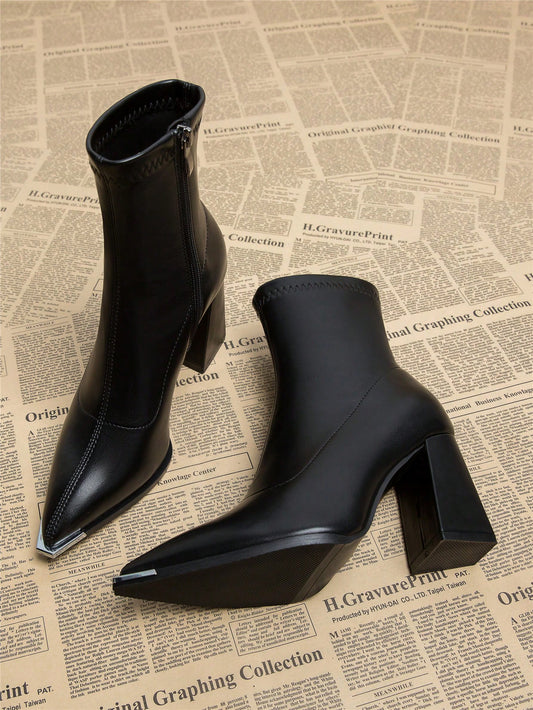 Fashionable Women's Boots, Versatile Thick Heel Pointed Toe Ankle Boots