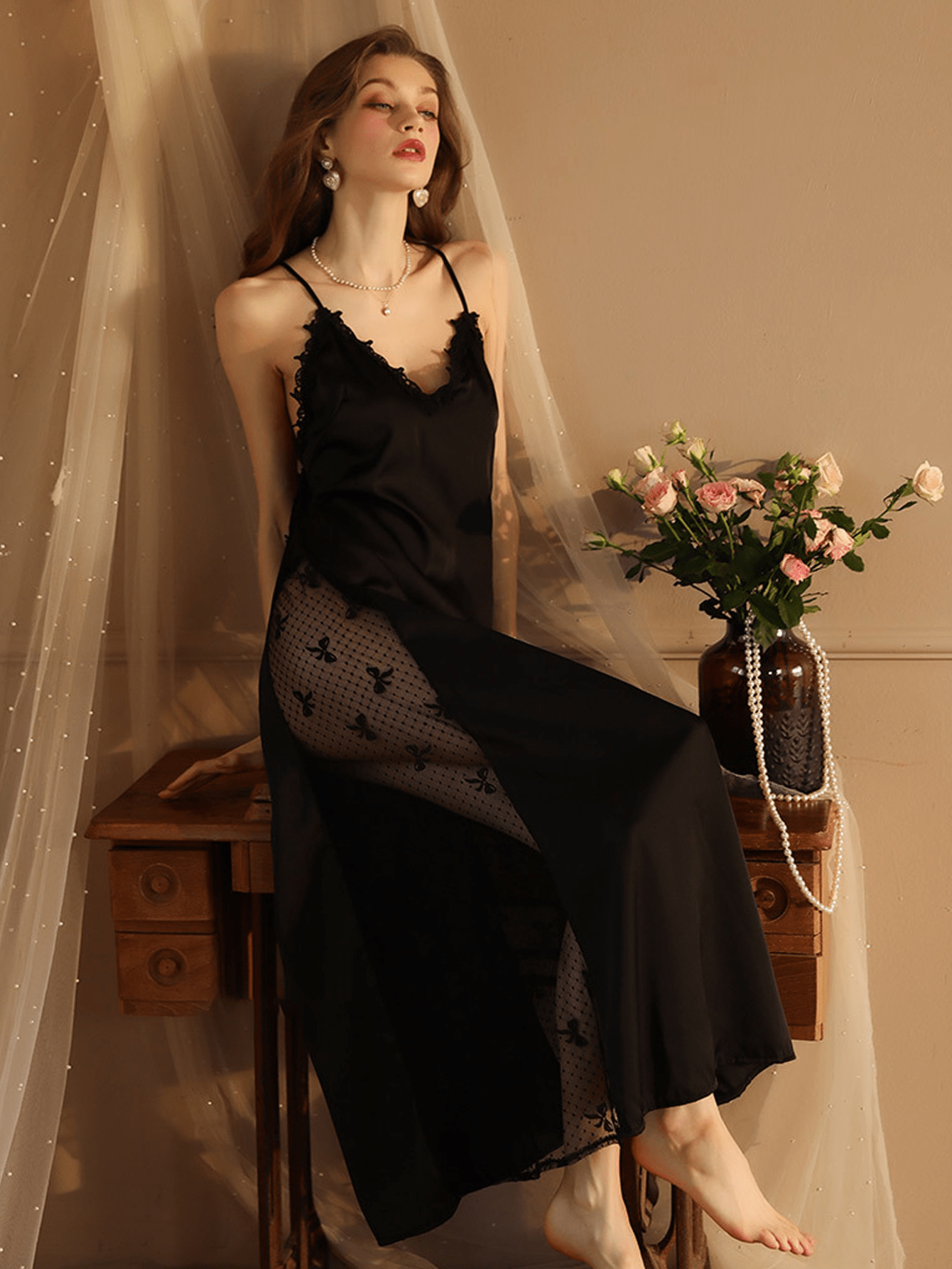 Sultry & Sensuous: 1pc Ladies Sexy Black Slip Dress with Sheer Panel and Smooth Satin Texture