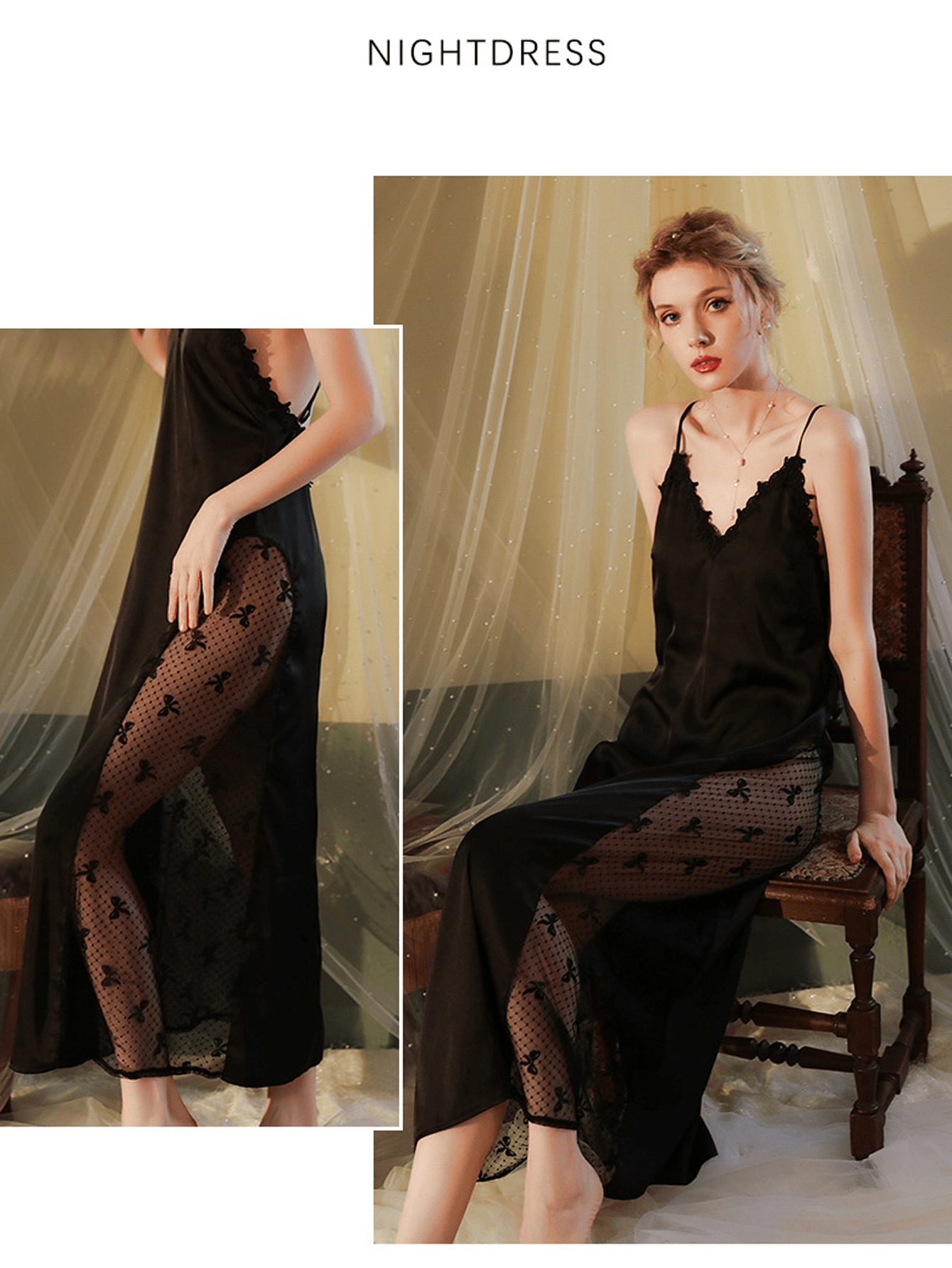 Sultry & Sensuous: 1pc Ladies Sexy Black Slip Dress with Sheer Panel and Smooth Satin Texture