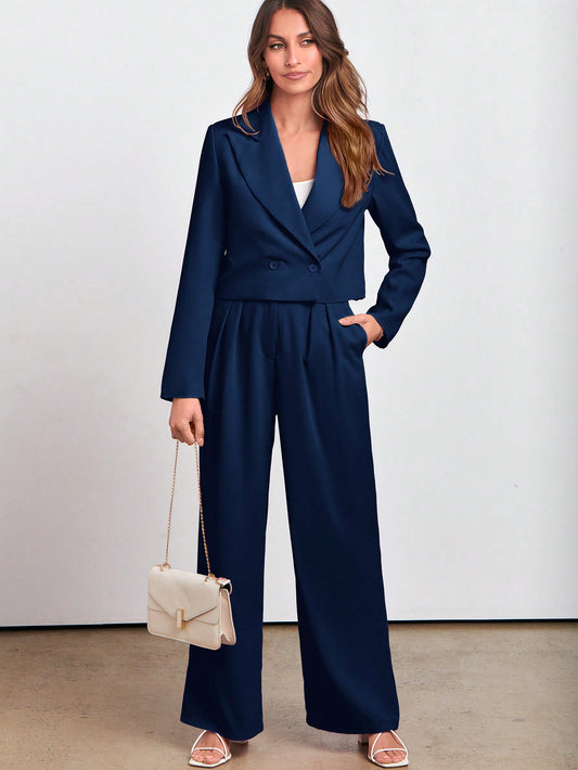 Double Button Peak Collar Blazer and Wide Leg Pants Set - A Sophisticated and Chic Ensemble