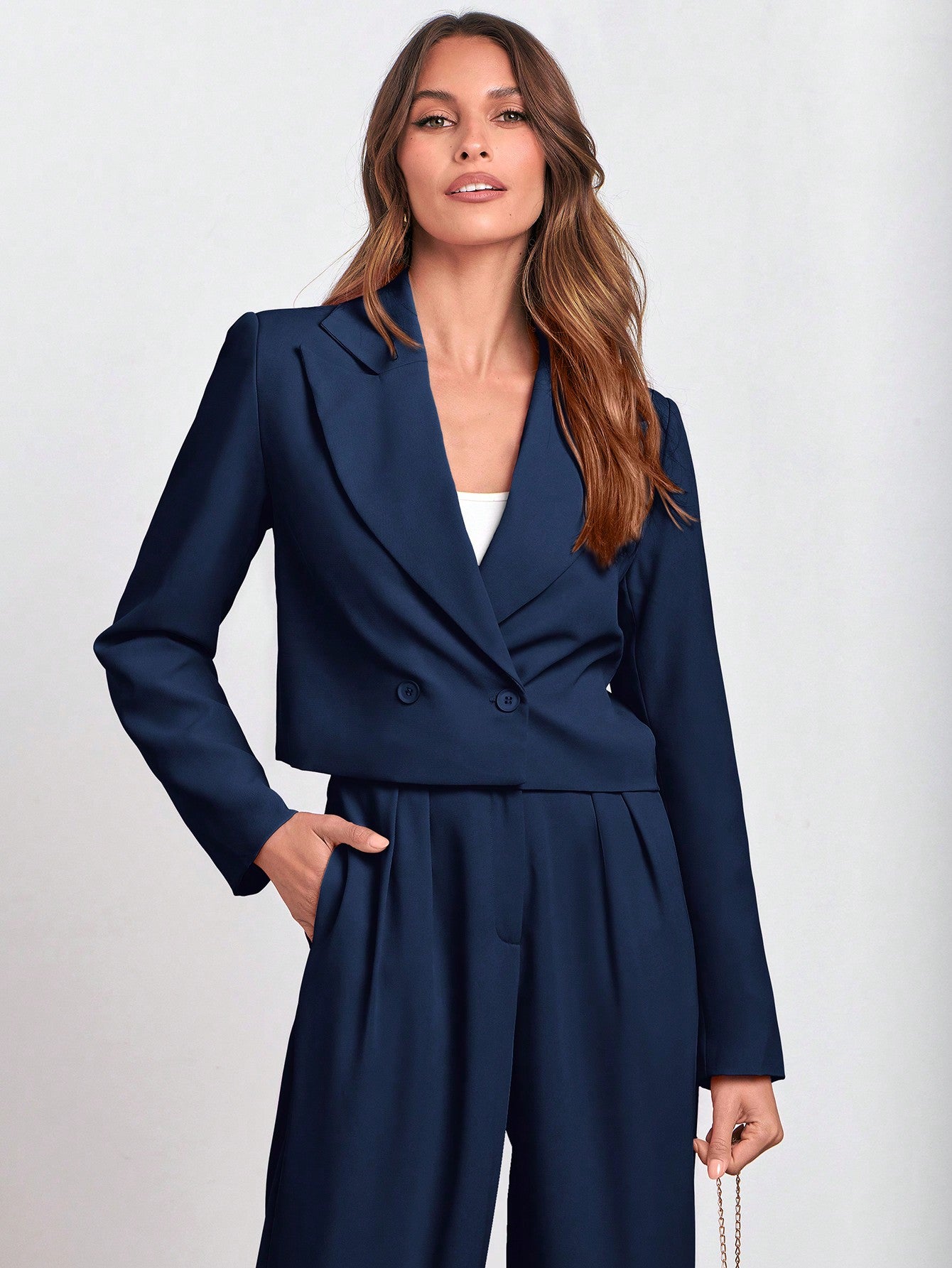 Double Button Peak Collar Blazer and Wide Leg Pants Set - A Sophisticated and Chic Ensemble