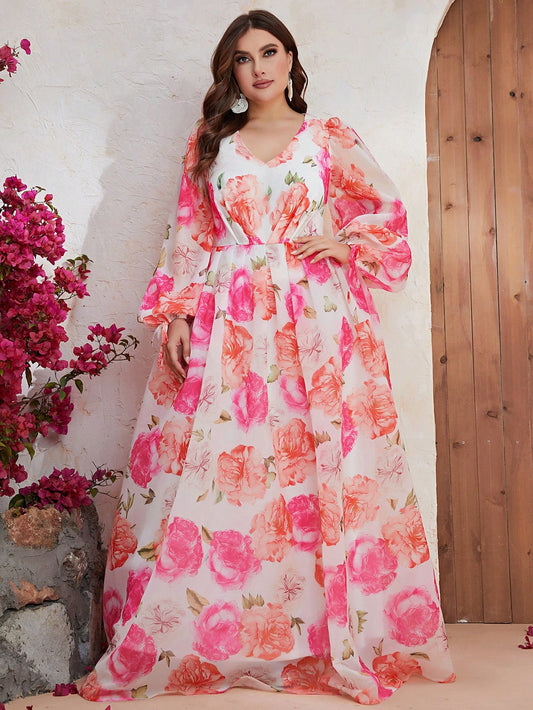 Plus Size Long Sleeve Chiffon Dress with Floral Print - A Timeless and Stylish Choice for All Seasons