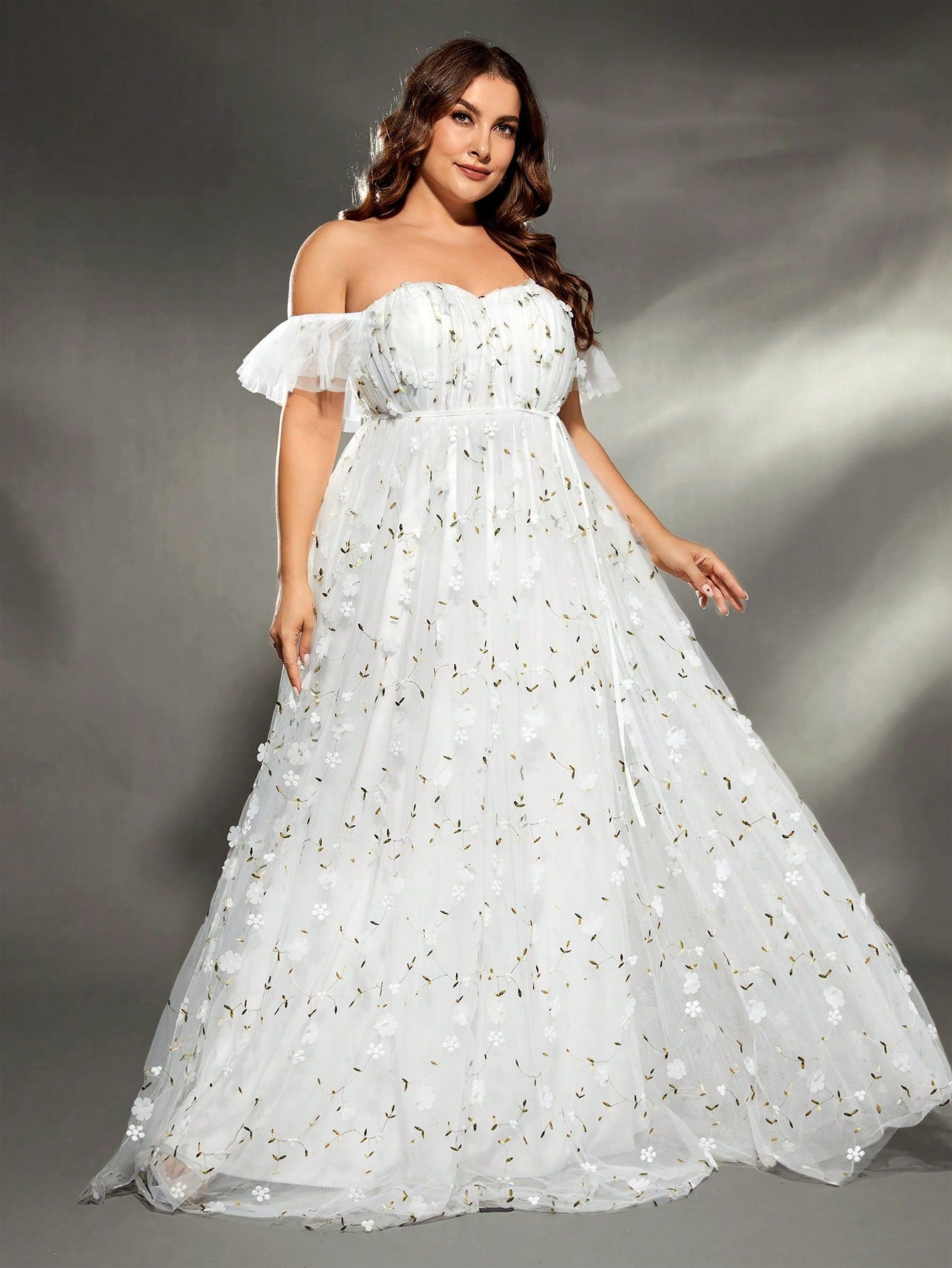 Elegant Plus Size Wedding Dress, Embroidered Tulle, Floral Applique and Ruched Detail