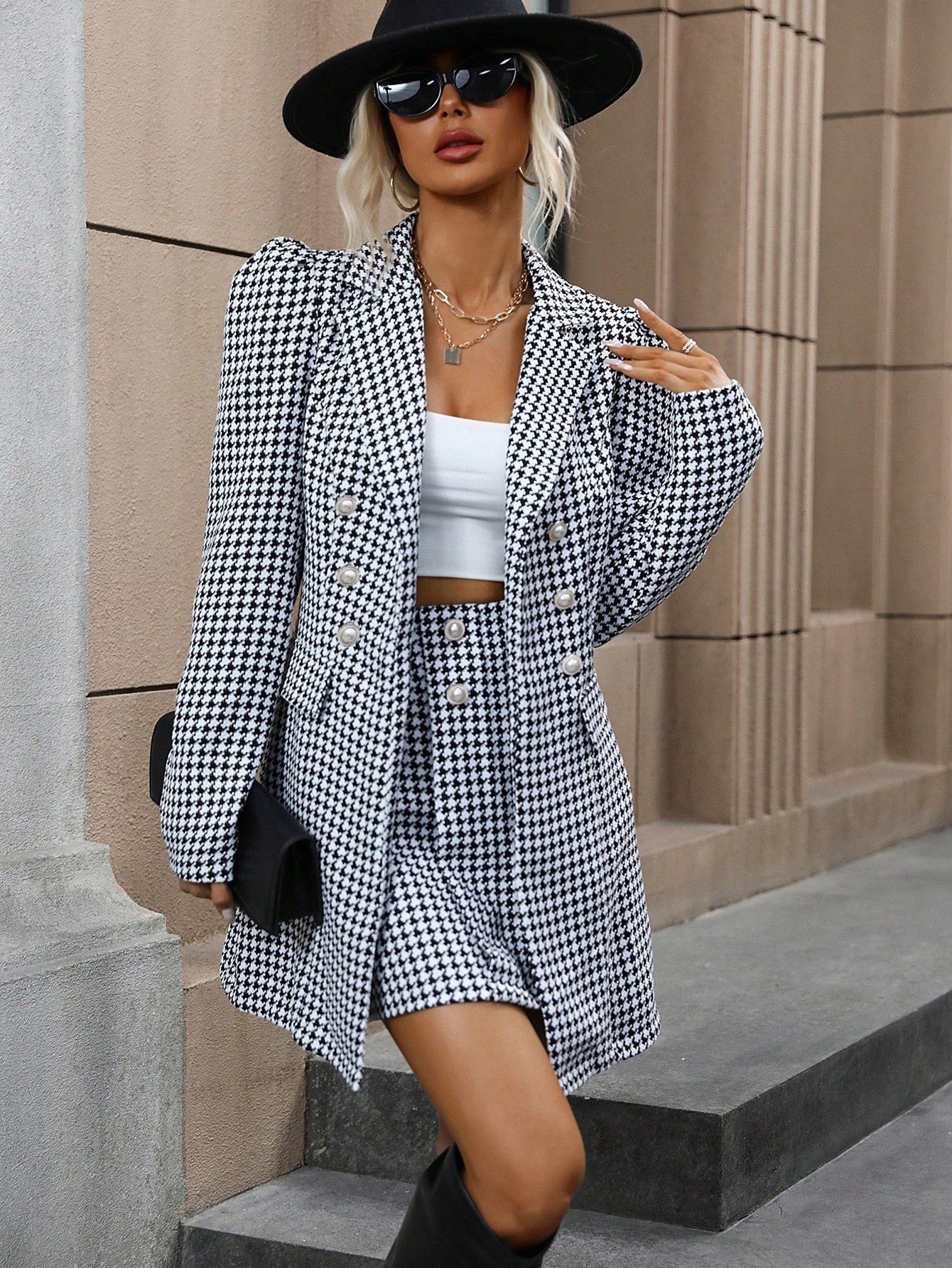 Classic Houndstooth Double-Breasted Blazer and Skirt Set for a Chic Timeless Look
