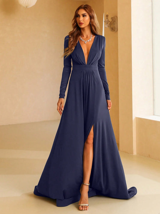 Elegant Long Dress with Deep V Neck, Ruched Detail, High Slit & Long Sleeves