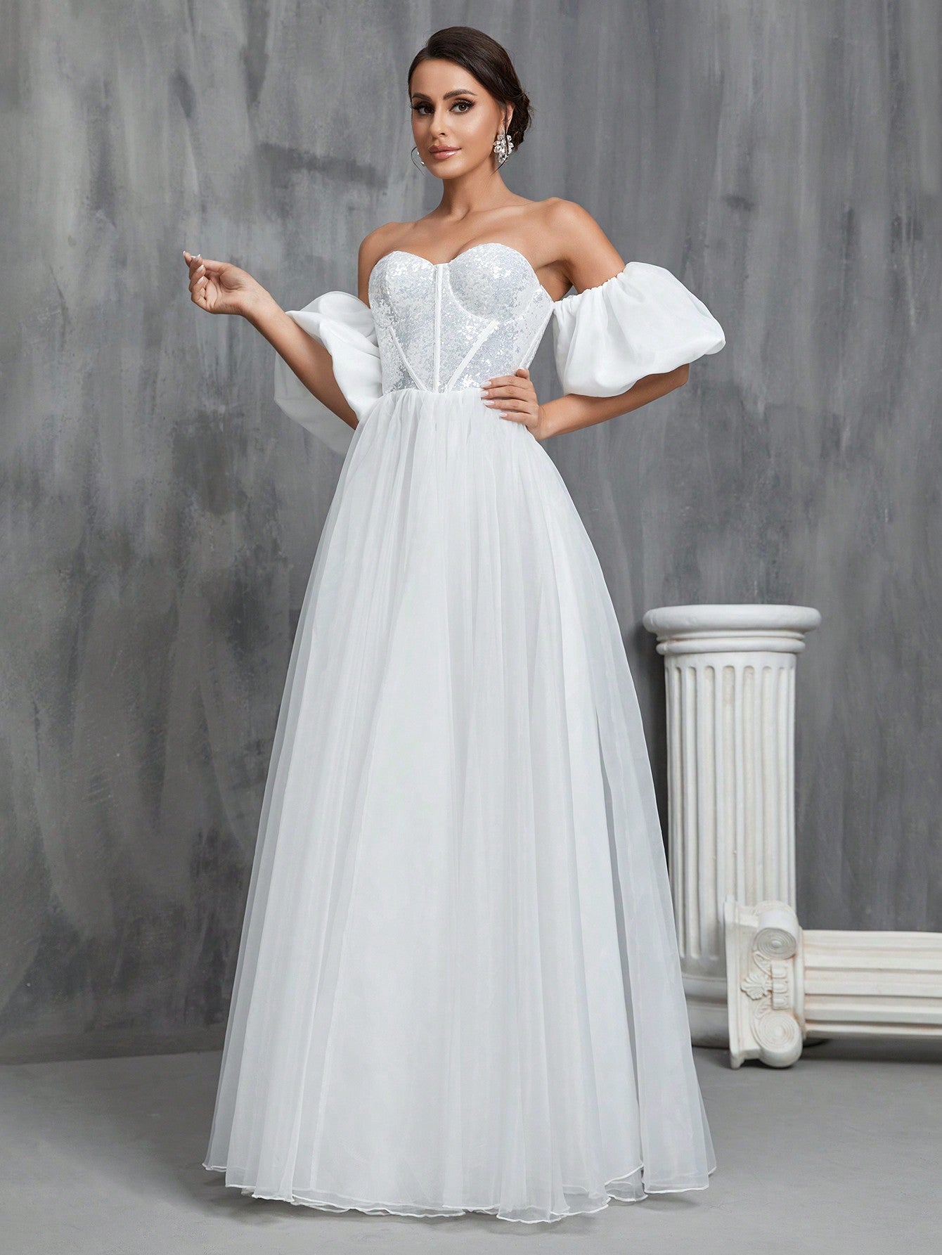 Elegant Off-Shoulder Sequin Sweetheart Neckline Wedding Dress with Puff Sleeves