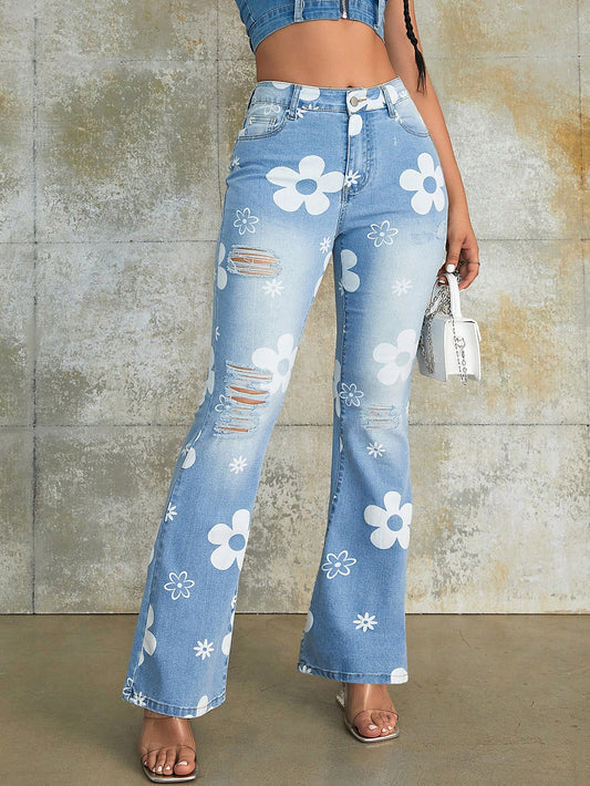 Floral Blossom: Preppy High-Waist Flare Leg Jeans with a Ripped Twist