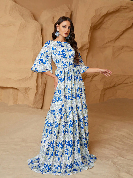 Women's Floral Boho Maxi Dress with Elegant Flounce Sleeves