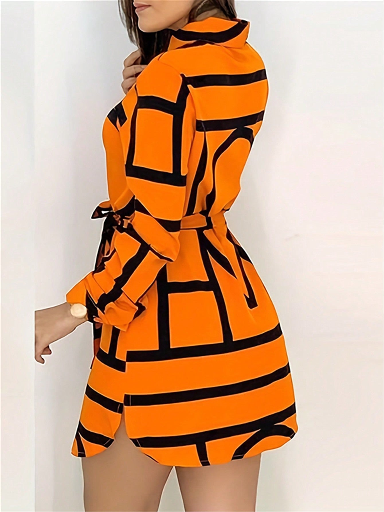 Geometric Print Long Sleeve Shirt Dress for Effortlessly Stylish Looks
