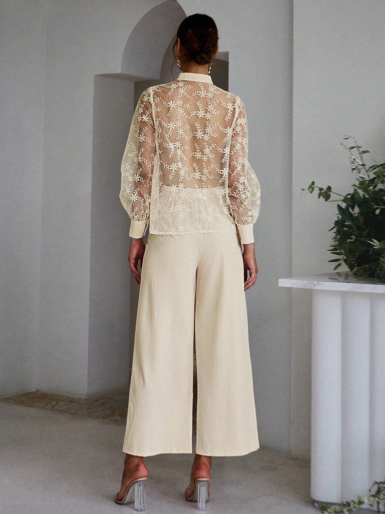 Lantern Sleeve Embroidered Mesh Blouse and Wide Leg Pants: Charming 2-piece Ensemble for Effortlessly Chic Style