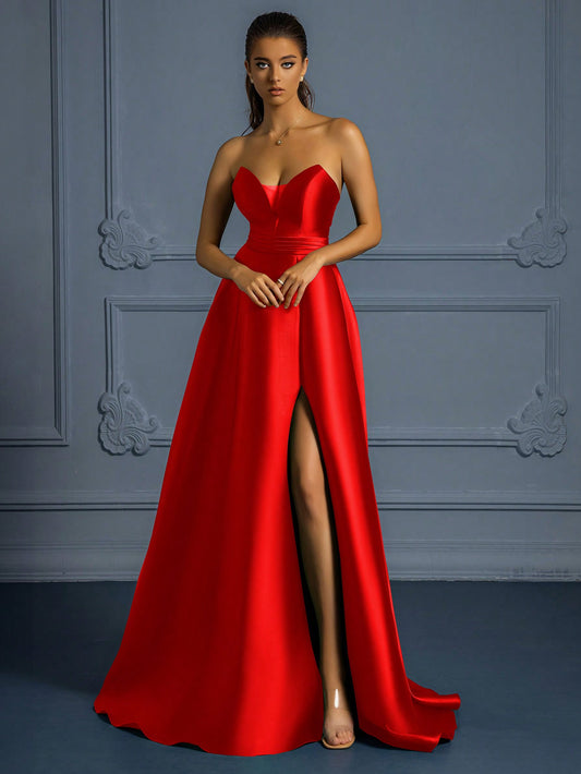Stunning Elegance: Premium Strapless Formal Dress with Thigh-High Slit