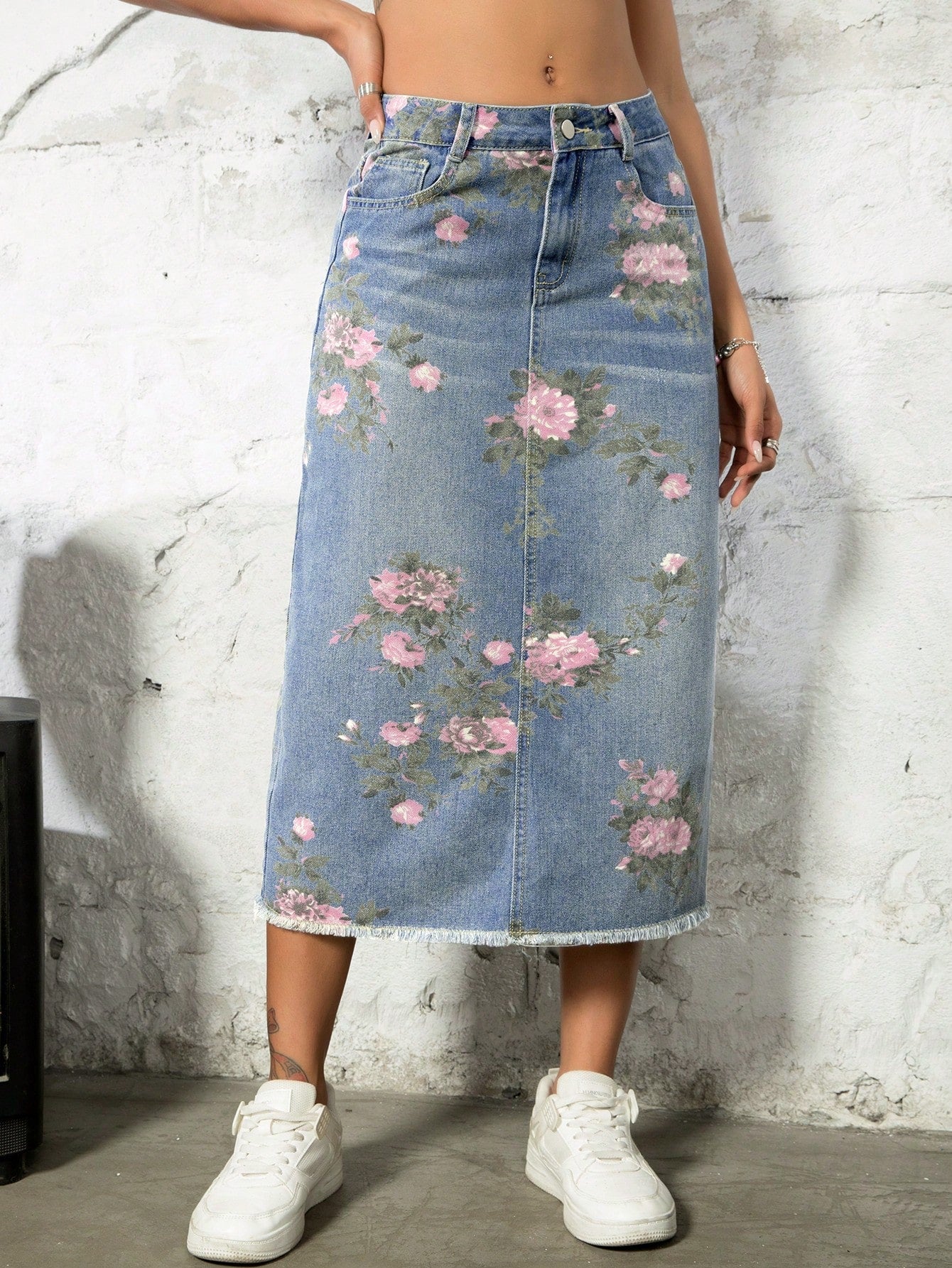 Street Vintage Charm: Floral Print Distressed Denim Skirt Split Back Design
