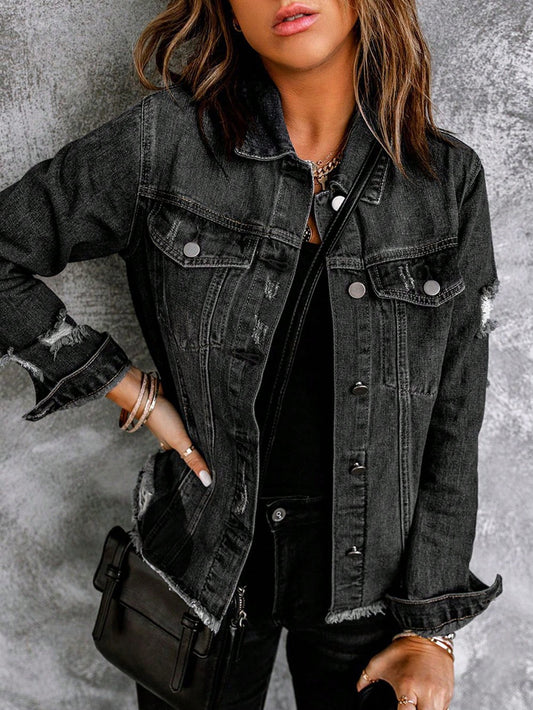 Denim Dream: Women's Distressed Frayed Denim Jacket - A Fashion Essential