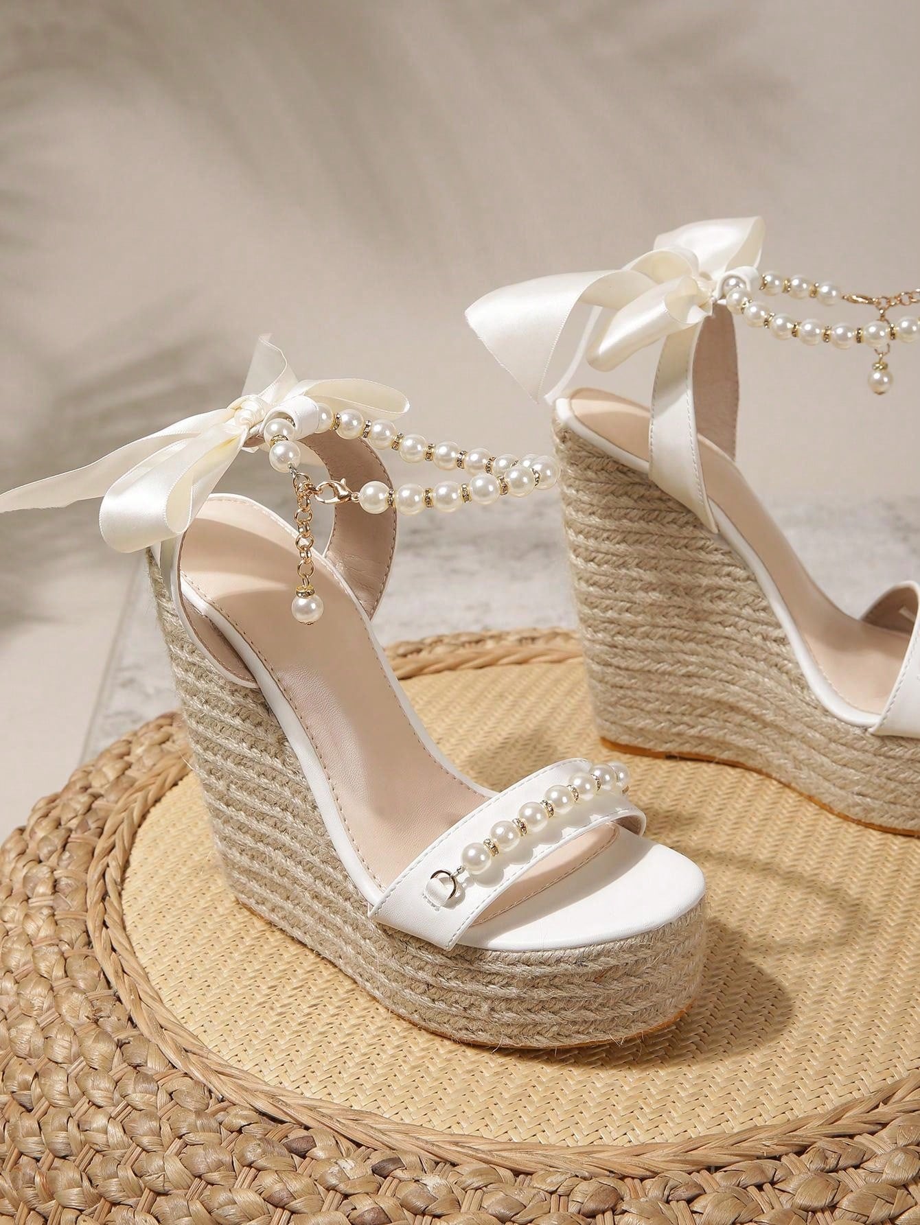 Pearl Embellished Braided Trim Espadrille Wedge Ankle Strap Sandals