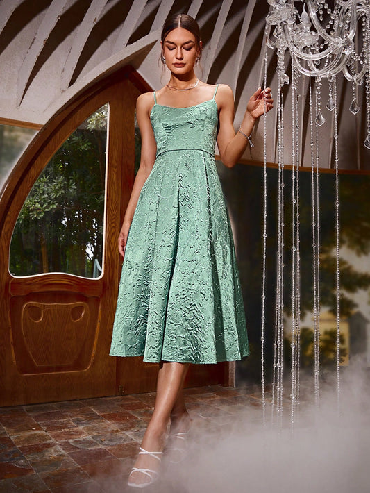 Elegant Jacquard A-Line Cami Strap Midi Dress