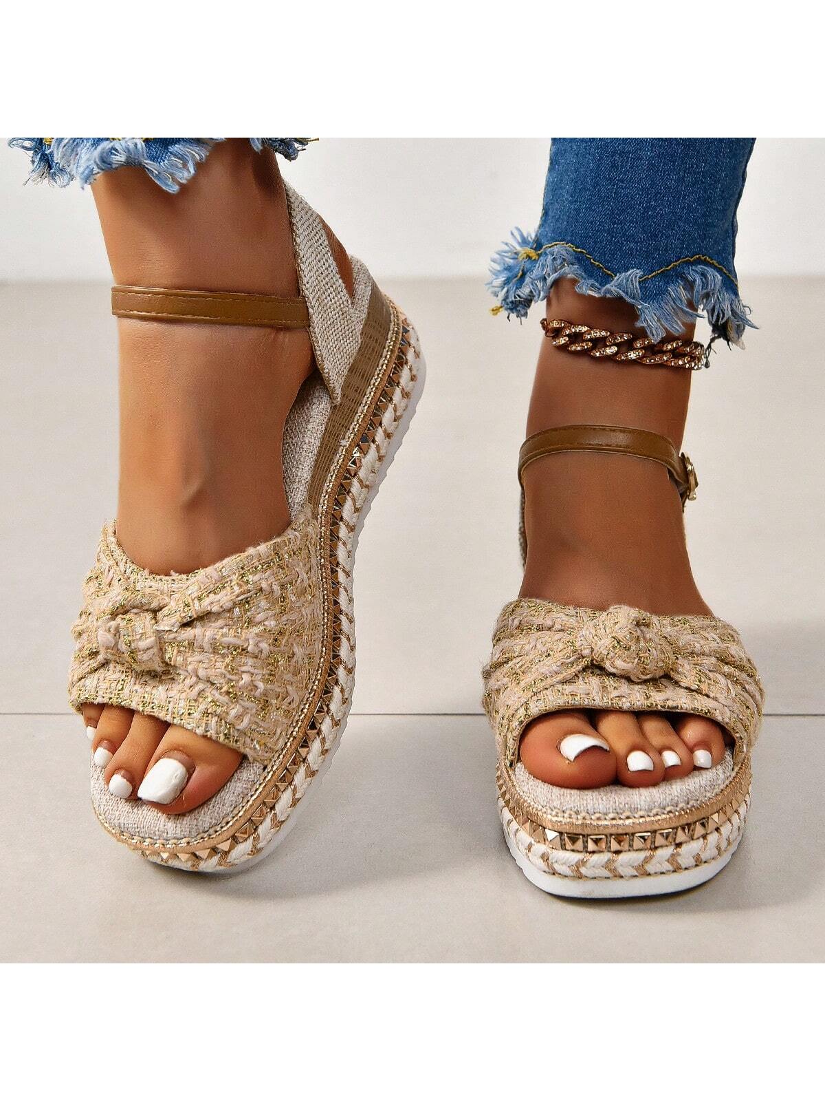 Fashionable Platform Knot Sandals, Stud and Rope Detail: Chic and Comfortable Fit