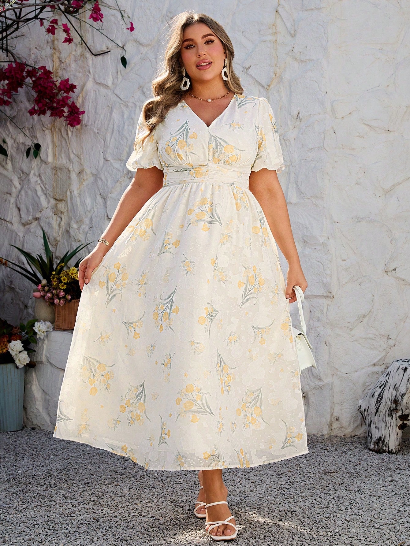 Floral Elegance: Plus Size V-Neck Dress with Puff Sleeves