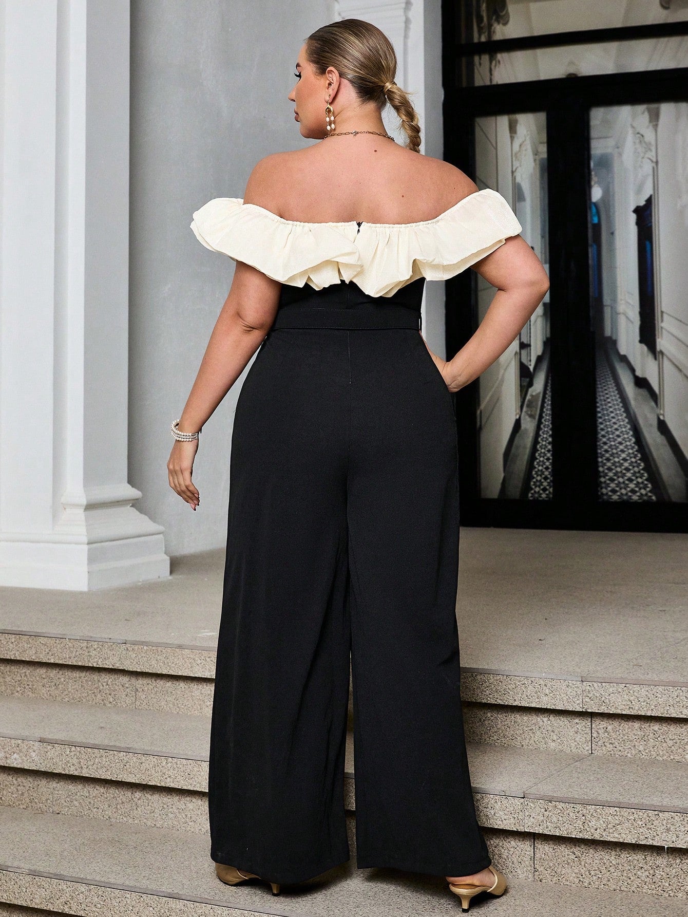 Plus Size Off-Shoulder Frill Ruffle Trim Jumpsuit for Showstopper Style
