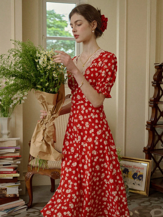 Feminine Floral Print V-Neck Puff Ruffle Frill Sleeve Mid Dress