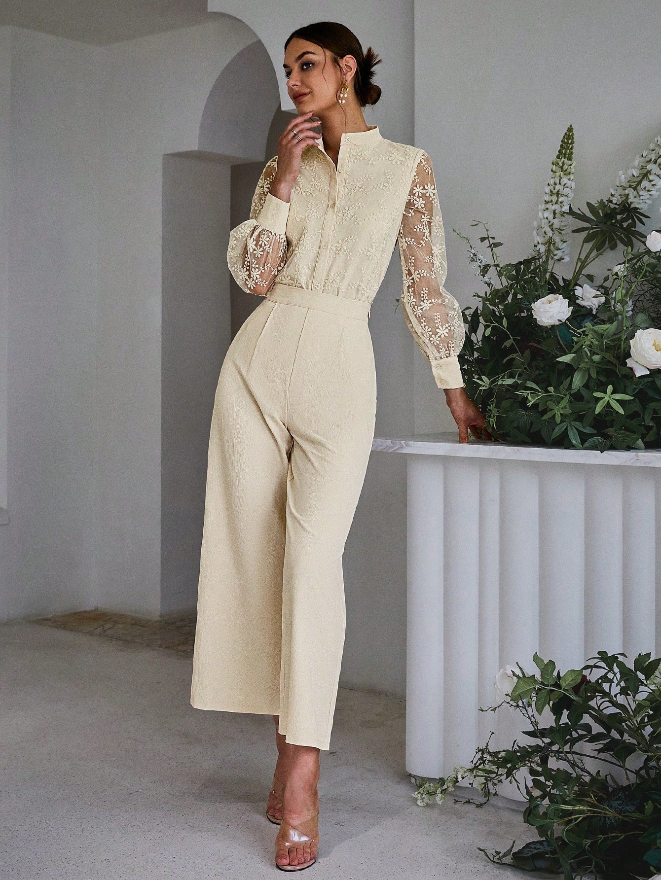 Lantern Sleeve Embroidered Mesh Blouse and Wide Leg Pants: Charming 2-piece Ensemble for Effortlessly Chic Style