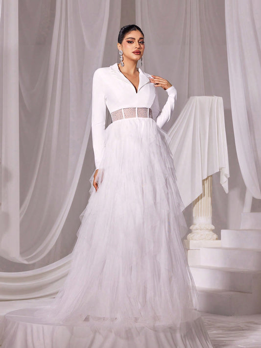 Sparkling Elegance: Rhinestone Detail Tulle Lapel Long Sleeve Wedding Dress
