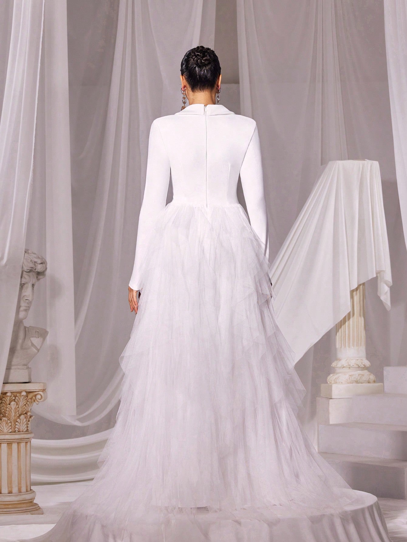 Sparkling Elegance: Rhinestone Detail Tulle Lapel Long Sleeve Wedding Dress