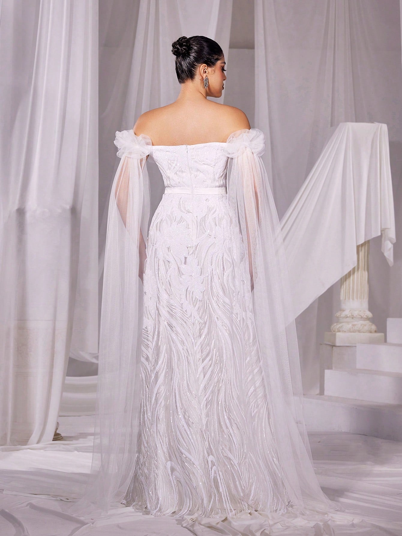 Floral Sequin Off-Shoulder Wedding Dress with Elegant Cloak Sleeves