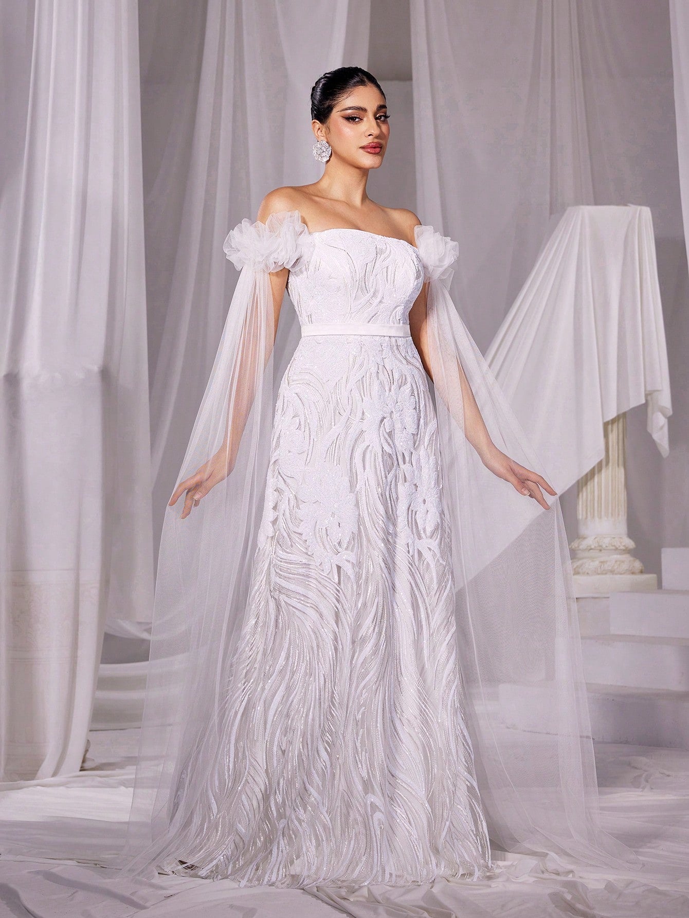 Floral Sequin Off-Shoulder Wedding Dress with Elegant Cloak Sleeves