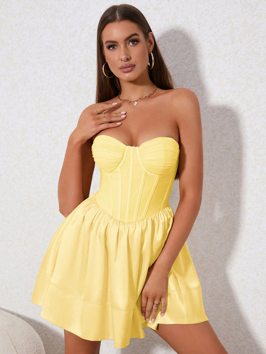 Sophisticated Strapless Ruffle Hem Dress with Boned Corset in Lustrous Satin