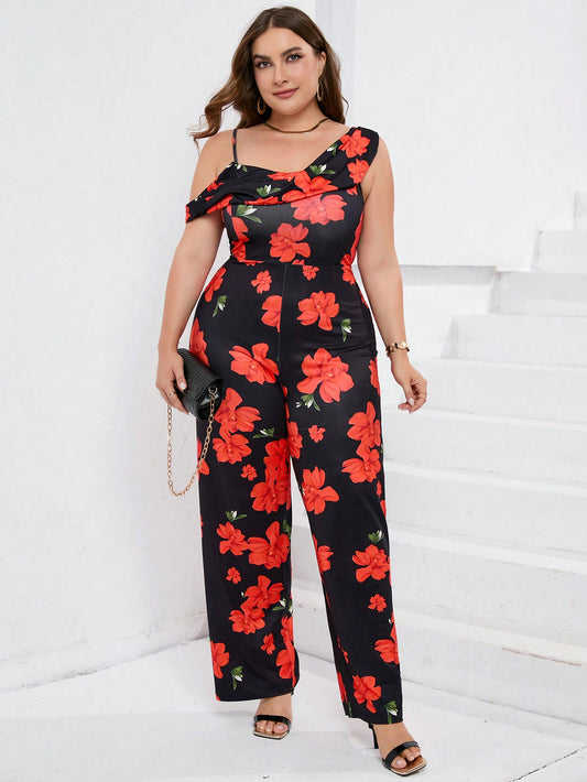 Chic Plus Size Black Floral Print Jumpsuit with Shoulder Detail