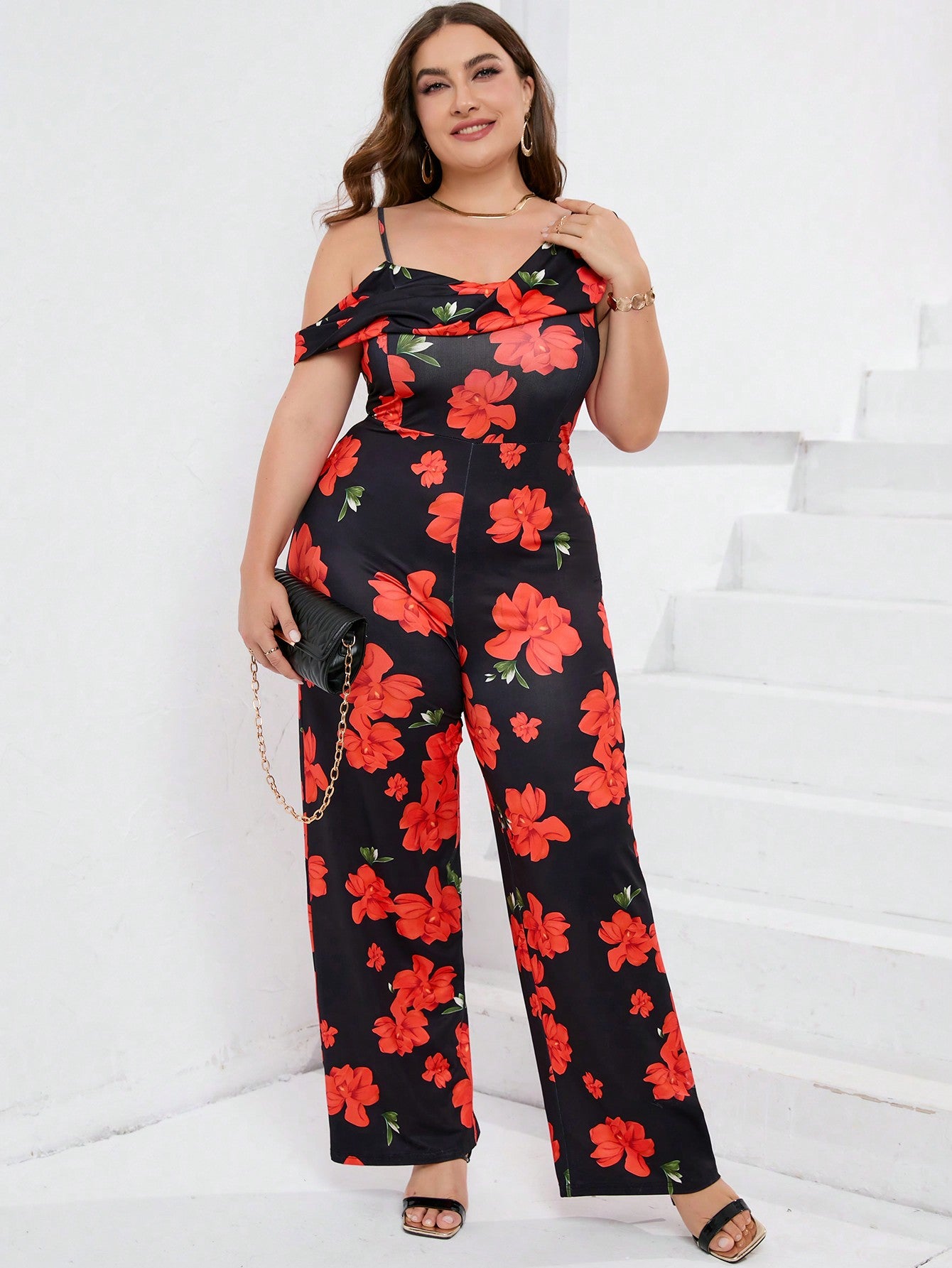 Chic Plus Size Black Floral Print Jumpsuit with Shoulder Detail