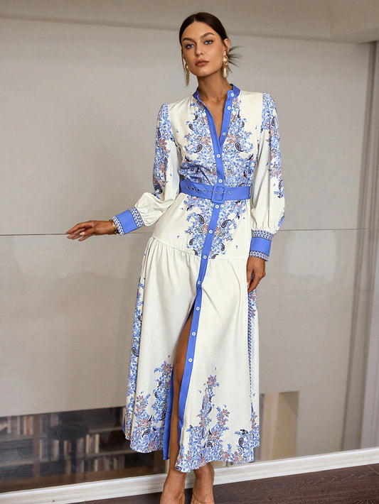 Blue Floral Cashew Print Long Sleeve Elegant Dress