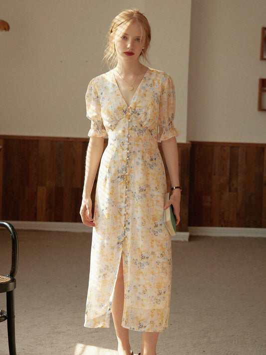Elegant Kora Floral Ruffle Maxi Dress with V-Neck and Button Detailing