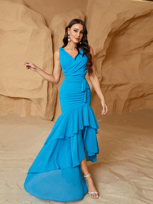 Elegant Blue Hi-Lo Maxi Dress for Women: Sleeveless with Tiered Layers & Cross Wrap Knot Detail