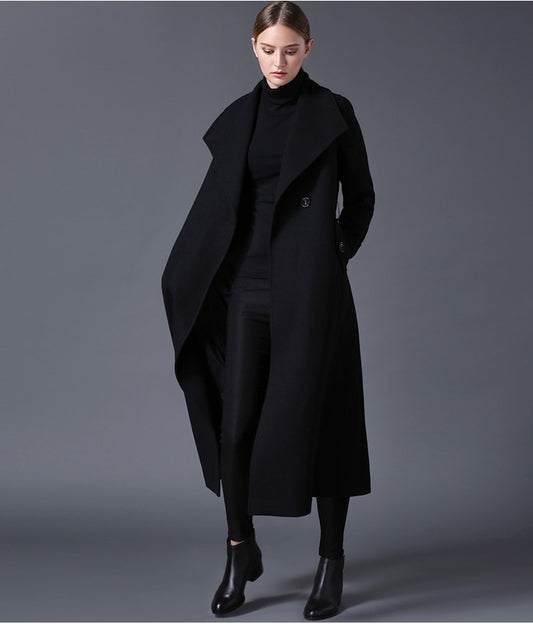 Women's Wool Coat Lapel Black Long OverCoat