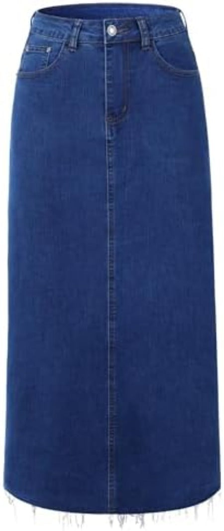 Sophisticated High-Waisted A-Line Denim Maxi Skirt - Stretchy Jean Skirt for Women