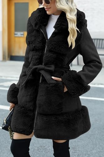 Women’s Wool Pea Coat Faux Fur Jacket Winter Warm Parka Overcoat with Belt