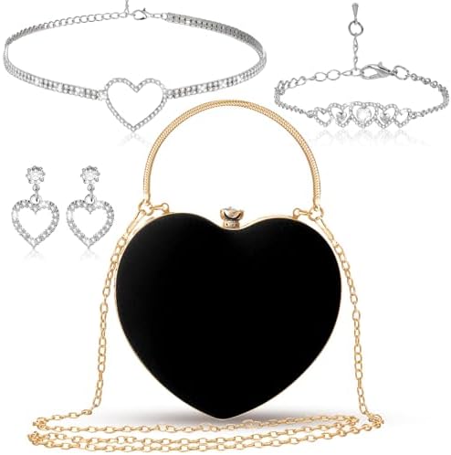 Heart-Shaped Velour Clutch & Rhinestone Jewelry Set - 4 Pcs