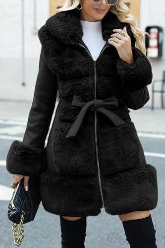 Women’s Wool Pea Coat Faux Fur Jacket Winter Warm Parka Overcoat with Belt