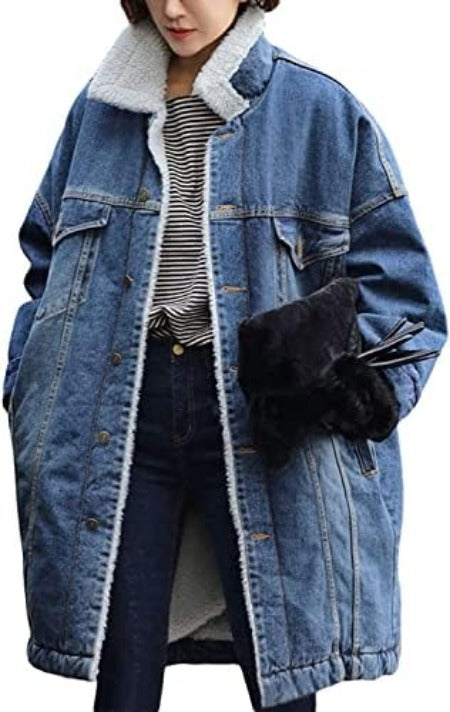 Women's Fleece-Lined Quilted Denim Overcoat - Stylish Button-Down Mid-Long Jacket