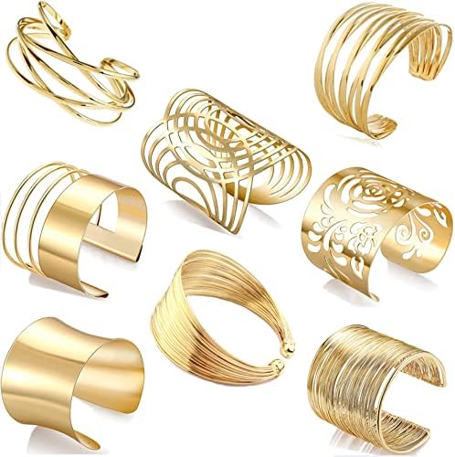 Gold -Silver Cuff Bangle Set - 8 Pcs Open Wire Wrap Bracelets