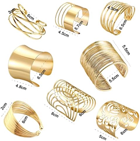 Gold -Silver Cuff Bangle Set - 8 Pcs Open Wire Wrap Bracelets
