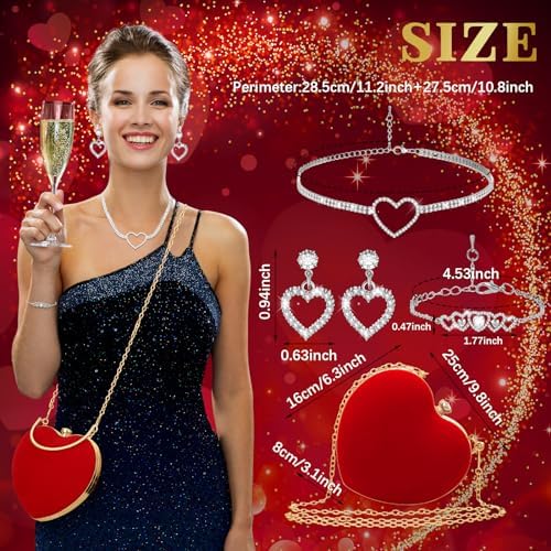 Heart-Shaped Velour Clutch & Rhinestone Jewelry Set - 4 Pcs
