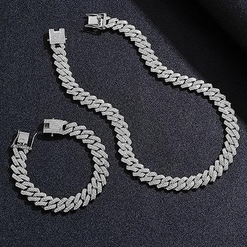 Iced Out Silver Cuban Link Chain - Unisex Diamond Necklace and Bracelet Set, Hip Hop Bling Jewelry for Men and Women