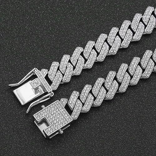 Iced Out Silver Cuban Link Chain - Unisex Diamond Necklace and Bracelet Set, Hip Hop Bling Jewelry for Men and Women