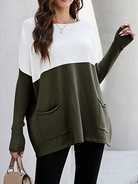 Stylish Two-Tone Pocketed Pullover Sweater - Cozy and Fashionable